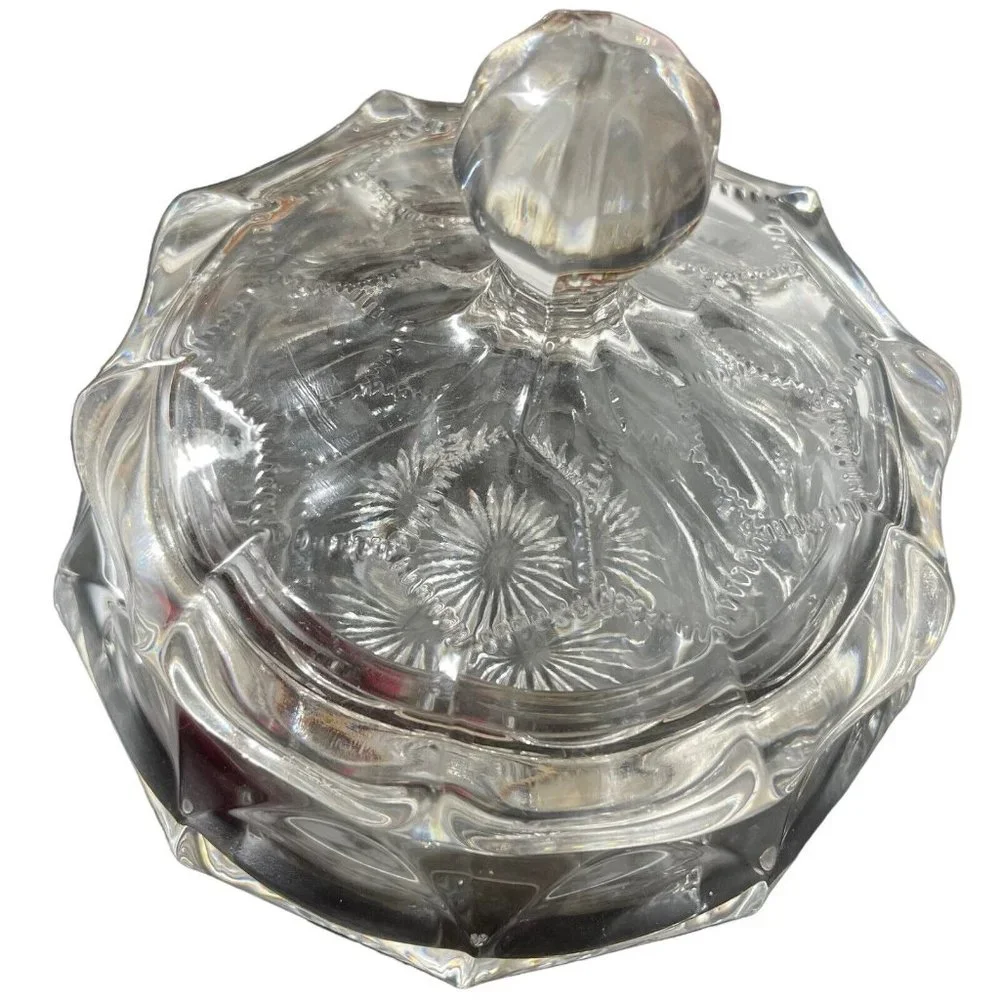 Vintage 1940's Honey Cone pattern Covered Vanity Jar Clear glass